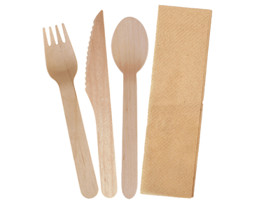 [CA-WNAPCUT3] Envirocutlery Pack - Wooden Knife, Fork, Spoon & Brown Napkin